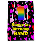 1回目の誕生日：愛するハートパターン、虹# 1 ミディアムペーパーバッグ (正面)