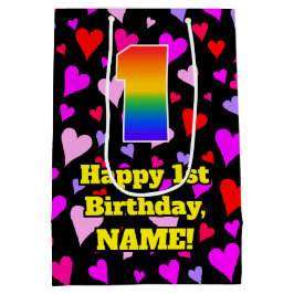 1回目の誕生日：愛するハートパターン、虹# 1 ミディアムペーパーバッグ