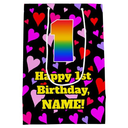 1回目の誕生日：愛するハートパターン、虹# 1 ミディアムペーパーバッグ (裏面)