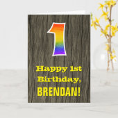 1回目の誕生日：素朴ウッドルックフェイクレインボー"1" カード (黄色い花)