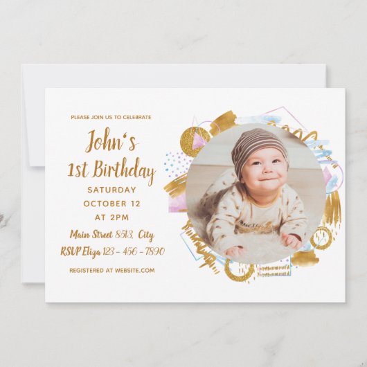 1回目の誕生日 – 繊細なゴールデンフォトフレーム 招待状 (正面)