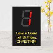 1回目の誕生日:赤いデジタル時計のスタイル"1" +名前 カード (黄色い花)