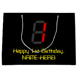 1回目の誕生日:赤いデジタル時計のスタイル"1" +名前 ラージペーパーバッグ