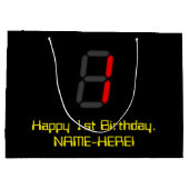 1回目の誕生日：赤いデジタル時計のスタイル"1" +名前 ラージペーパーバッグ (裏面)