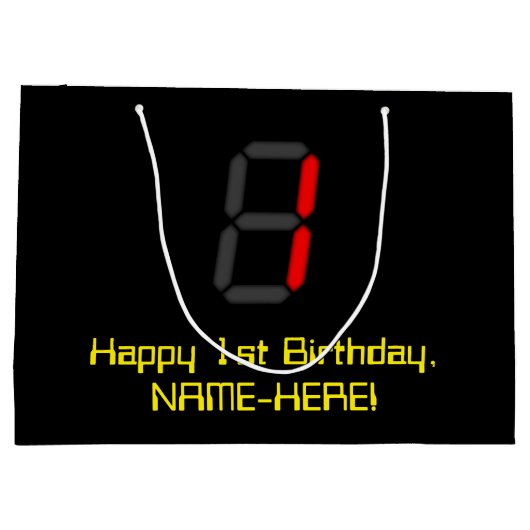 1回目の誕生日:赤いデジタル時計のスタイル"1" +名前 ラージペーパーバッグ (裏面)
