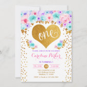 1回目の誕生日 – 金ゴールドハートティール（緑がかった色）パープルピンク 招待状 (正面)