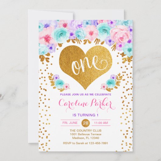 1回目の誕生日 – 金ゴールドハートティール(緑がかった色)パープルピンク 招待状 (正面)