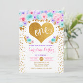 1回目の誕生日 – 金ゴールドハートティール(緑がかった色)パープルピンク 招待状 (スタンド正面)