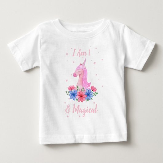 1回目の誕生日I am 1 & Magic Unicorn T-Shirt ベビーTシャツ (正面)
