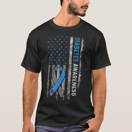 1型糖尿病認識度米国国旗の青Ri Tシャツ (正面)