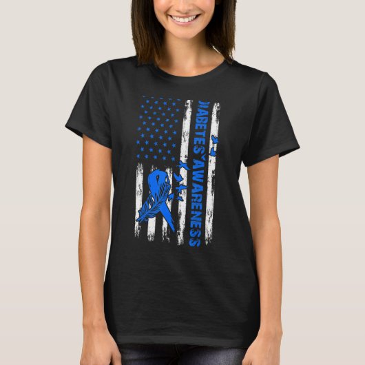 1型糖尿病認識度米国国旗の青Ri Tシャツ (正面)
