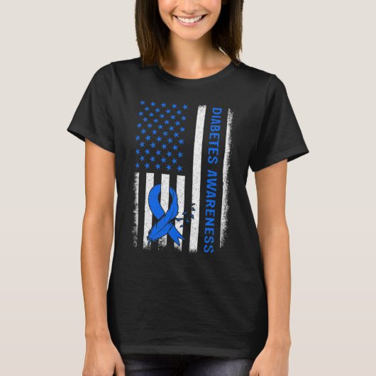 1型糖尿病認識度米国国旗の青Ri Tシャツ (正面)