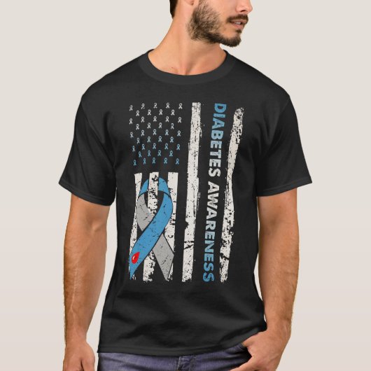 1型糖尿病認識度米国国旗の青Ri Tシャツ (正面)