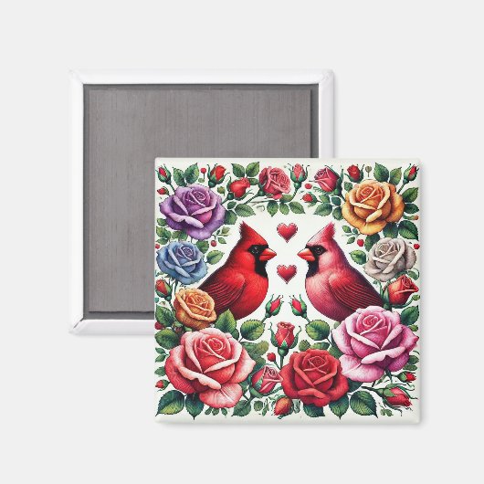1対の深紅色の中鮮やかバラ マグネット (正面/裏面)