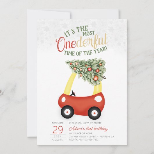 1年のワンダーフルタイムレッドカー1歳の誕生日 招待状 (正面)