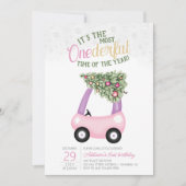 1年のワンダーフル時間ピンクの車の最初の誕生日 招待状 (正面)