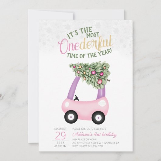 1年のワンダーフル時間ピンクの車の最初の誕生日 招待状 (正面)