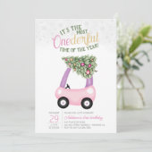 1年のワンダーフル時間ピンクの車の最初の誕生日 招待状 (スタンド正面)