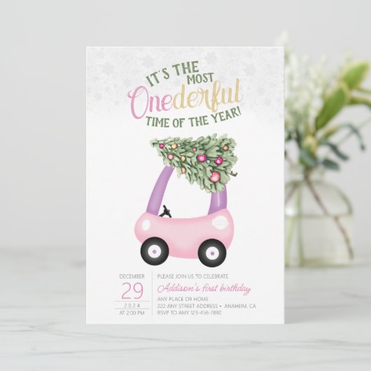1年のワンダーフル時間ピンクの車の最初の誕生日 招待状 (スタンド正面)