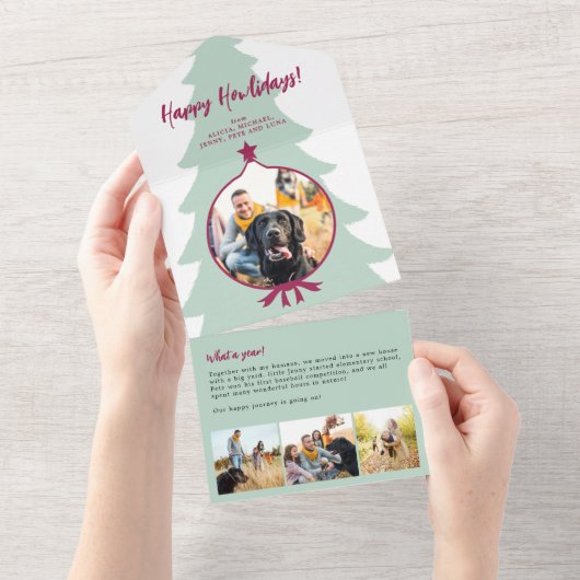 1年の振り返り 4枚の写真 緑の三つ折り 赤 オールインワン招待状 (貼ってはがせる)