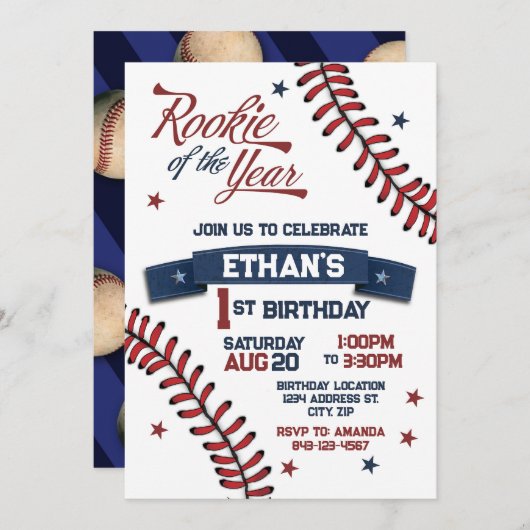 1年の最初の誕生日の招待状のルーキー 招待状 (正面/裏面)