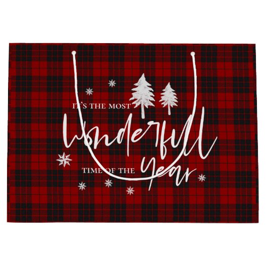 1年の素晴らしい時間の赤い格子模様のクリスマス ラージペーパーバッグ (正面)