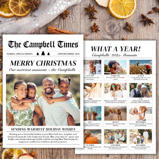 1年の総まとめ新聞風クリスマスフォトデザイン シーズンカード