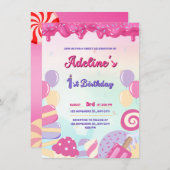 1年の誕生日ピンクとキャンディスウィート 招待状 (正面/裏面)
