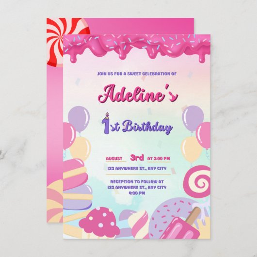 1年の誕生日ピンクとキャンディスウィート 招待状 (正面/裏面)