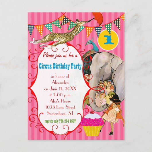 1年オールドサーカスエレファントピーコックキリンパーティー インビテーションポストカード (正面)