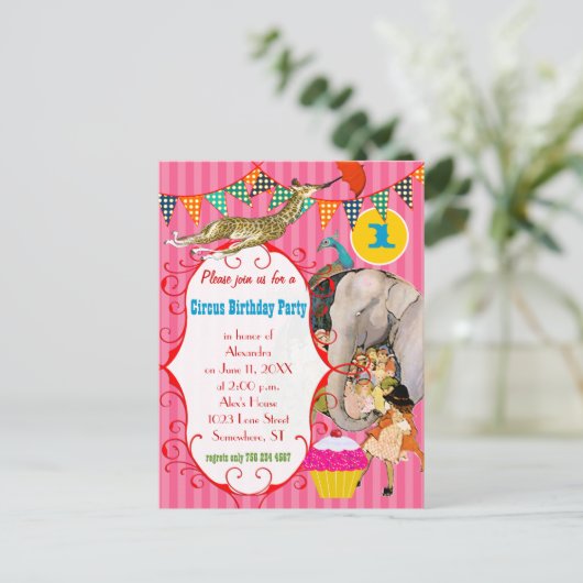 1年オールドサーカスエレファントピーコックキリンパーティー インビテーションポストカード (スタンド正面)