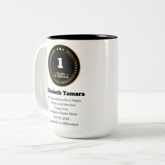 1年勤続記念日 |従業員の評価 ツートーンマグカップ (正面左)