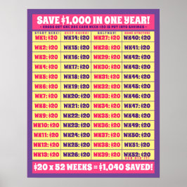 1年救で1000ドル！お金ゴールピンク&パープル ポスター