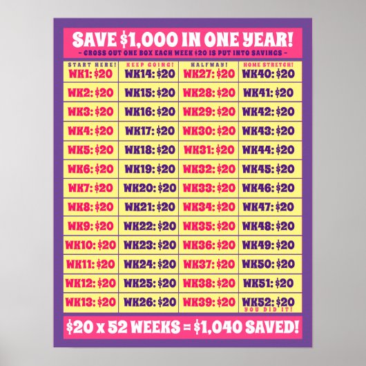 1年救で1000ドル!お金ゴールピンク&パープル ポスター (正面)