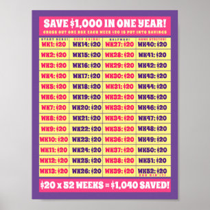 1年救で1000ドル!お金ゴールピンク&パープル ポスター