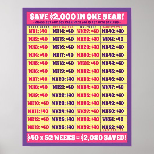 1年救で2,000ドル!お金ゴールピンク&パープル ポスター (正面)