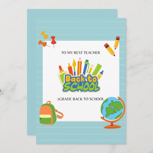 1年生の先生、学校初日のおめでとうございます サンキューカード (正面/裏面)