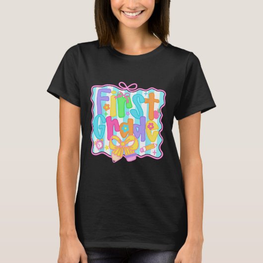 1年生の女の子新学期ボウキュートコケット Tシャツ (正面)