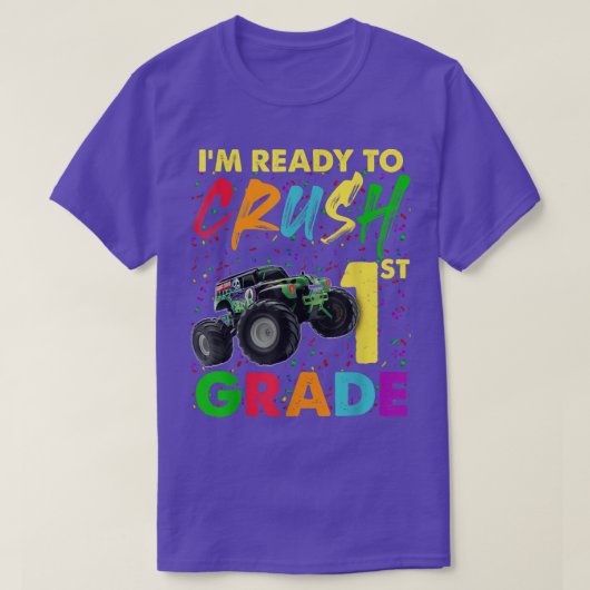 1年生の少年モンスタートラックを押し戻す準備ができている Tシャツ (デザイン正面)