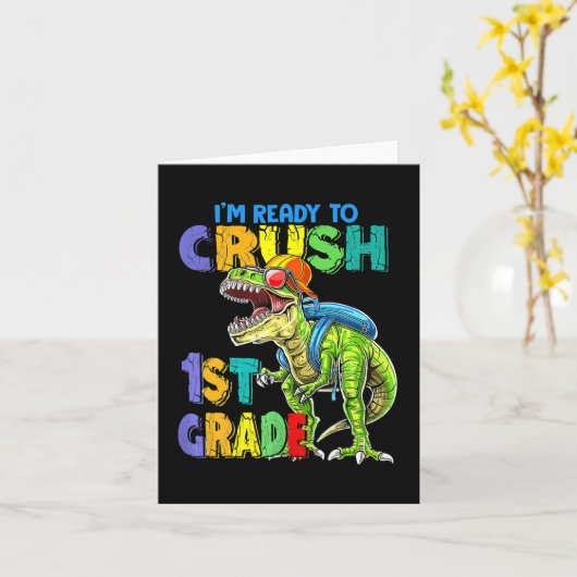 1年生の恐竜の子供をTに押し戻す準備ができている カード (黄色い花)