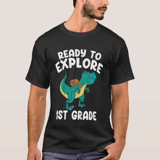 1年生の新学期レックスを探索する準備ができた子供 Tシャツ (正面)