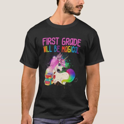 1年生の魔法のユニコーンバックの子供たちの最初の日 Tシャツ (正面)