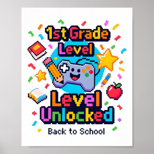 1年生レベル解除済みゲーマーピクセルチェック柄Tシャツ ポスター (正面)