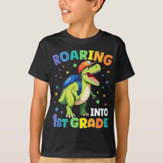 1年生恐竜Tレックスの学校生活スタート Tシャツ (正面)
