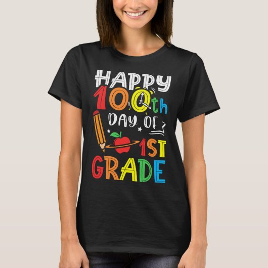 1年生100日学校の幸せおもしろい100日目 Tシャツ (正面)