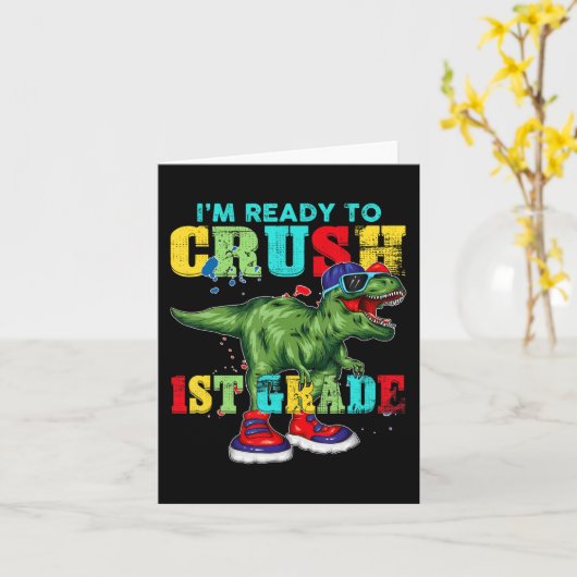 1年生T型恐竜を押し戻す準備ができている カード (黄色い花)