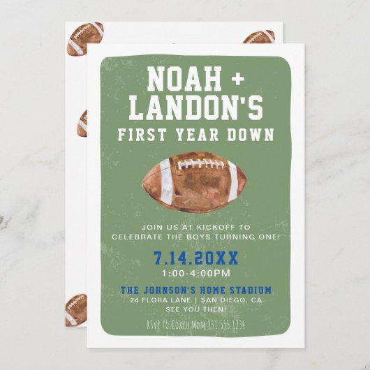 1年目のサッカー、双子の1歳の誕生日パーティー 招待状 (正面/裏面)
