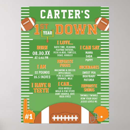 1年目のダウンオレンジサッカー1番目の誕生日フォーム ポスター (正面)