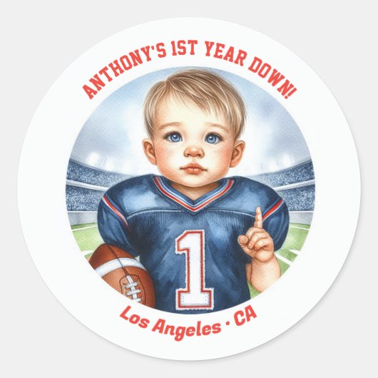 1年目のダウンサッカーの最初の誕生日 ラウンドシール (正面)