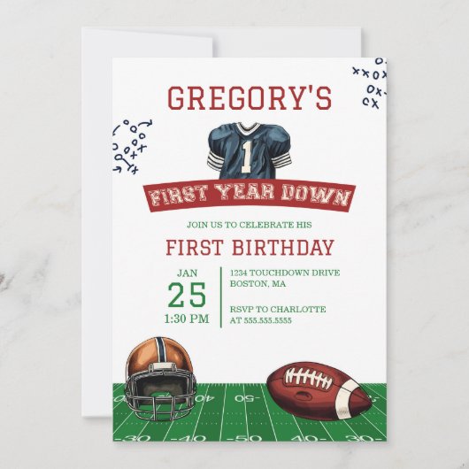 1年目のダウンサッカーの最初の誕生日 招待状 (正面)